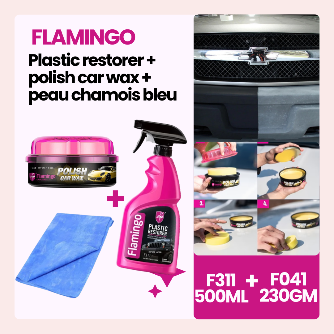1 F311 Flamingo plastique restorer 500ml+ 1 F041 polish car wax + 1 peau chamois bleu